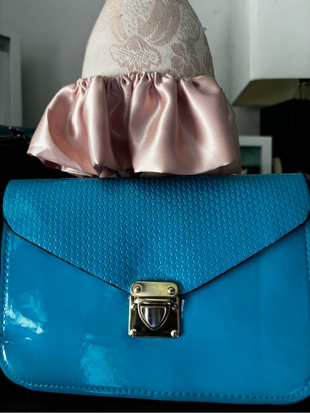Bijoux Terner Blue Patent Envelope Crossbody Bag with Gold Lock